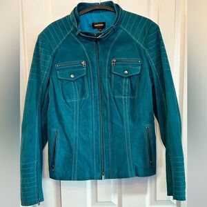 Danier Turquoise Suede Moto Jacket Womens L | Soft Leather Biker Coat